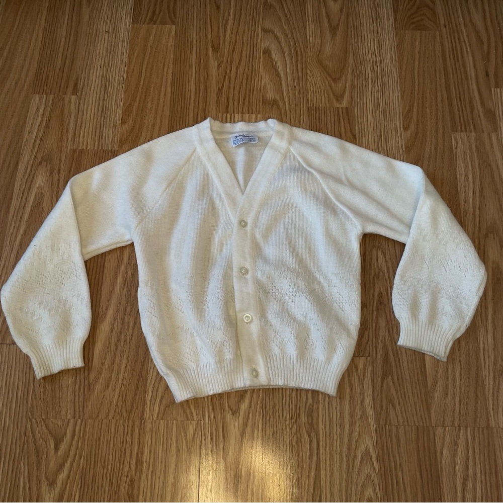 VINTAGE MCM JULIUS BERGER WHITE DIAMOND PRINT CARDIGAN SWEATER SIZE 4/5 KIDS